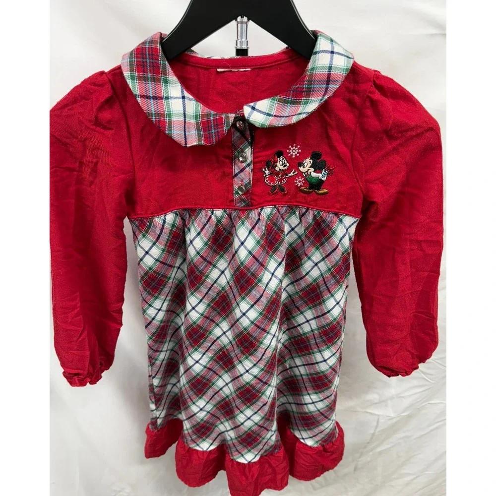 Vintage Disney Store Little Girls Red Plaid Minnie & Mickey Christmas Nightgown